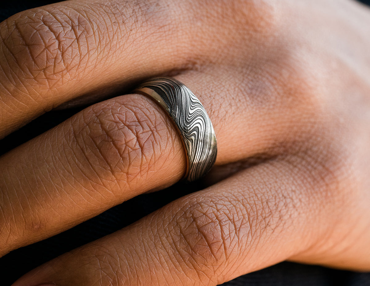 Damascus Steel Marble and 14K Rose Gold Men's Wedding Ring