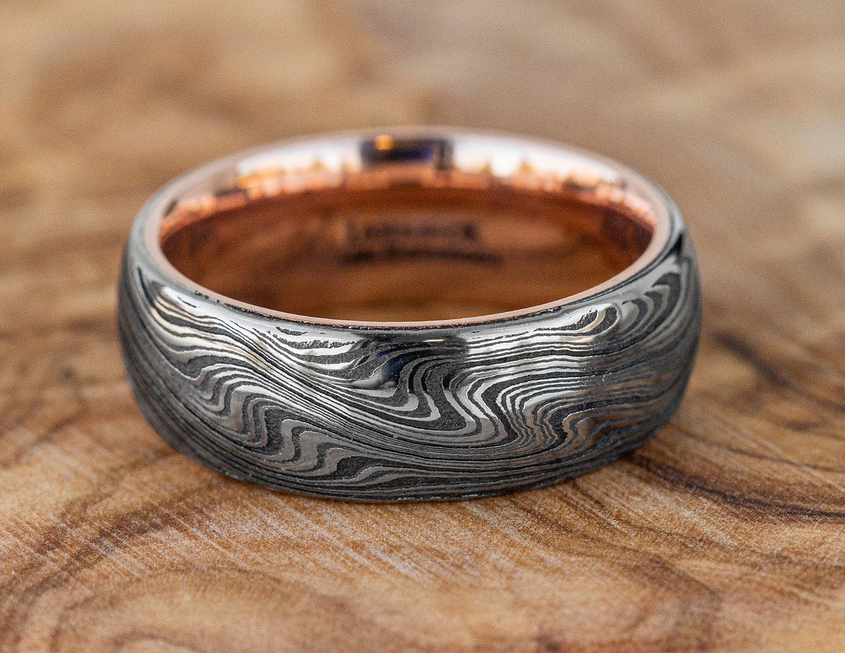 Damascus Steel Marble and 14K Rose Gold Men's Wedding Ring