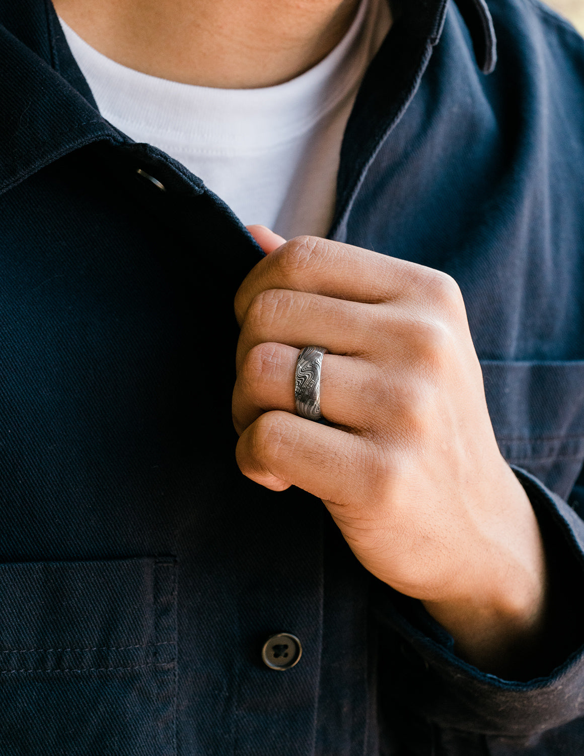 Damascus Steel Marble and 14K Rose Gold Men's Wedding Ring