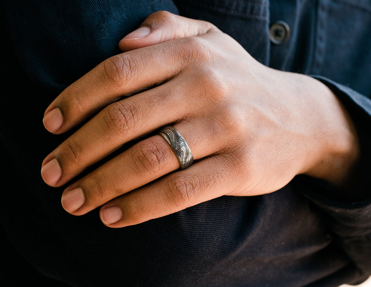 Damascus Steel Marble and 14K Rose Gold Men's Wedding Ring
