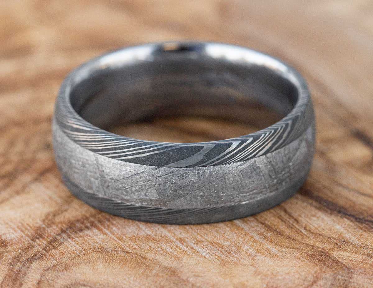 Damascus Steel Wedding Band with Meteorite Inlay