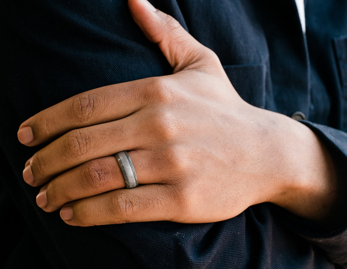 Damascus Steel Wedding Band with Meteorite Inlay