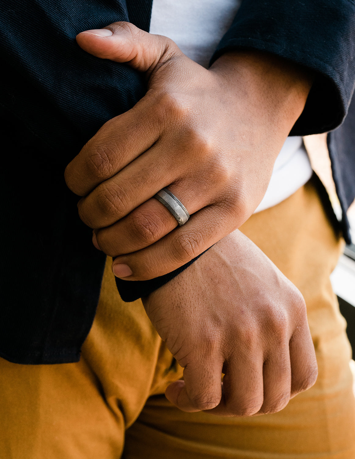 Damascus Steel Wedding Band with Meteorite Inlay