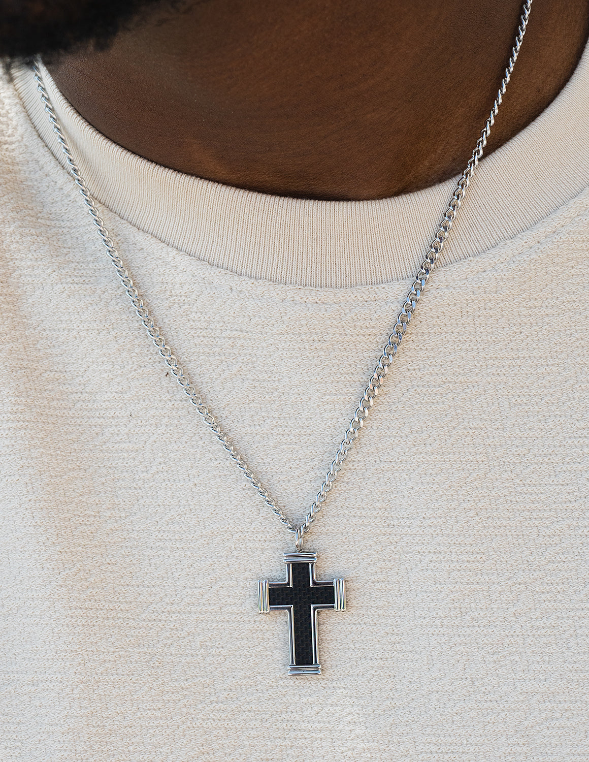 22" Stainless Steel and Carbon Fiber Cross Pendant