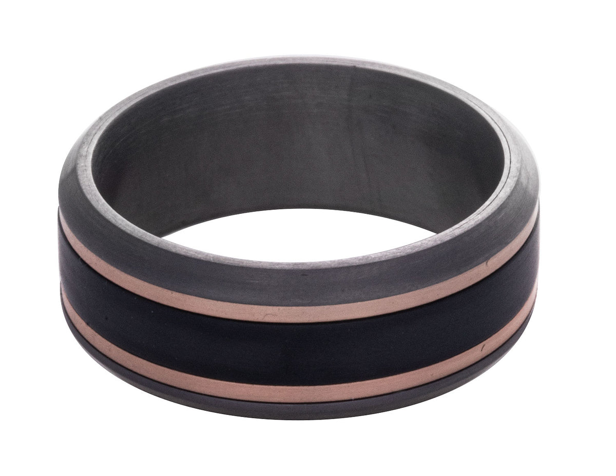 8.5mm Comfort Fit Gents Wedding Ring in 14K Rose Gold, Tantalum, and Carbon Fiber