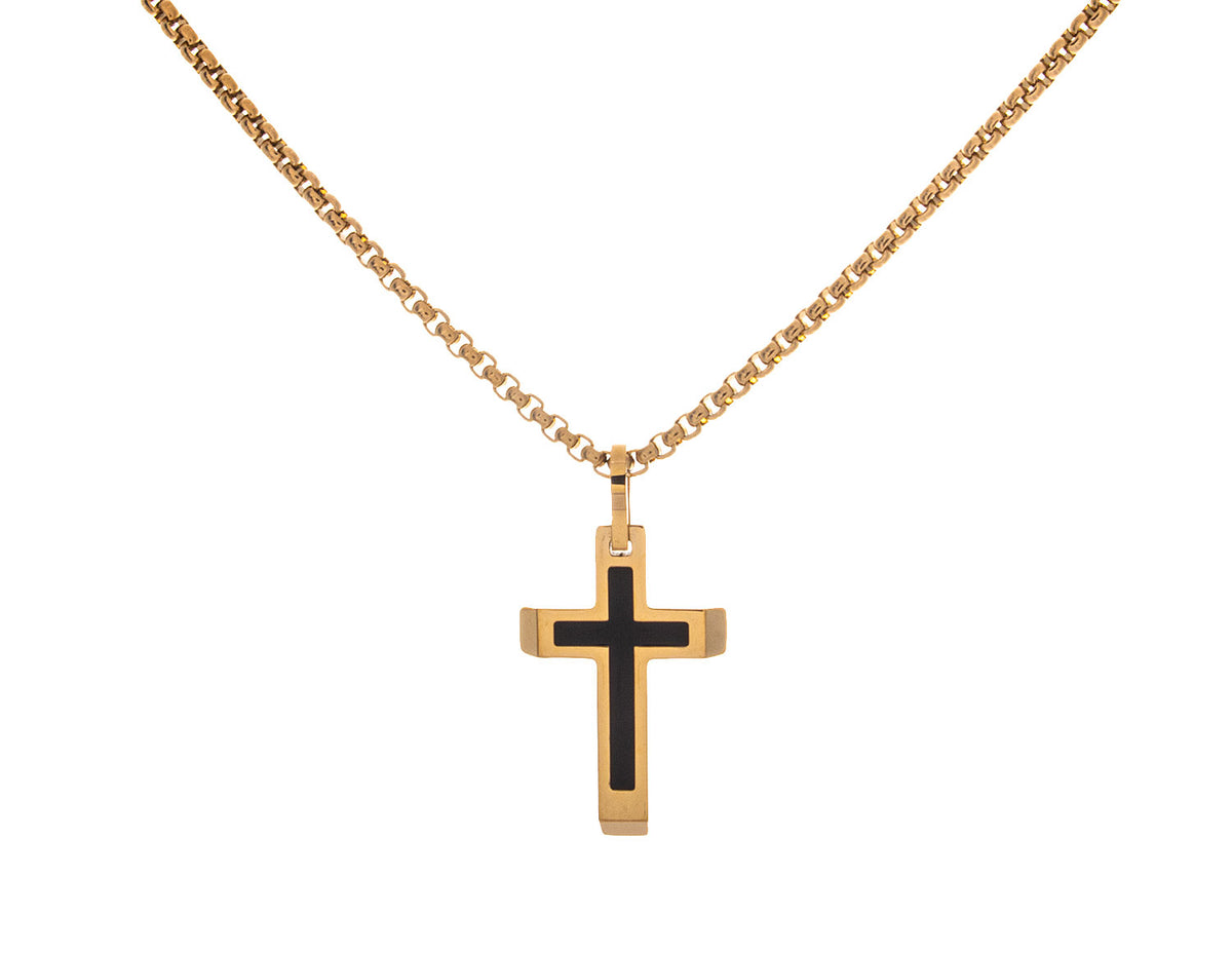 22" Stainless Steel Yellow and Black Ion-Plated Cross Pendant on Rounded Box Chain