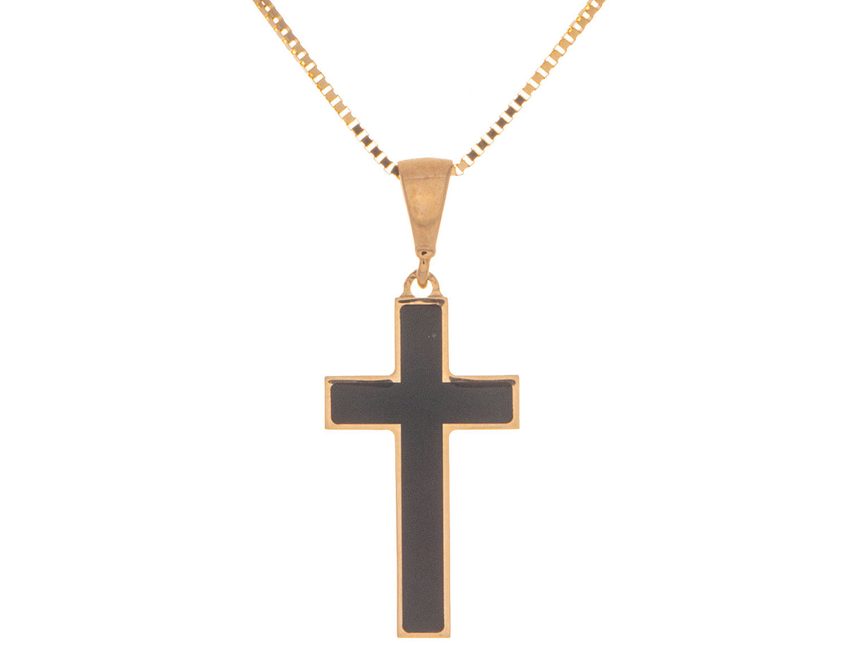 Black Enamel Cross Pendant in 14K Yellow Gold