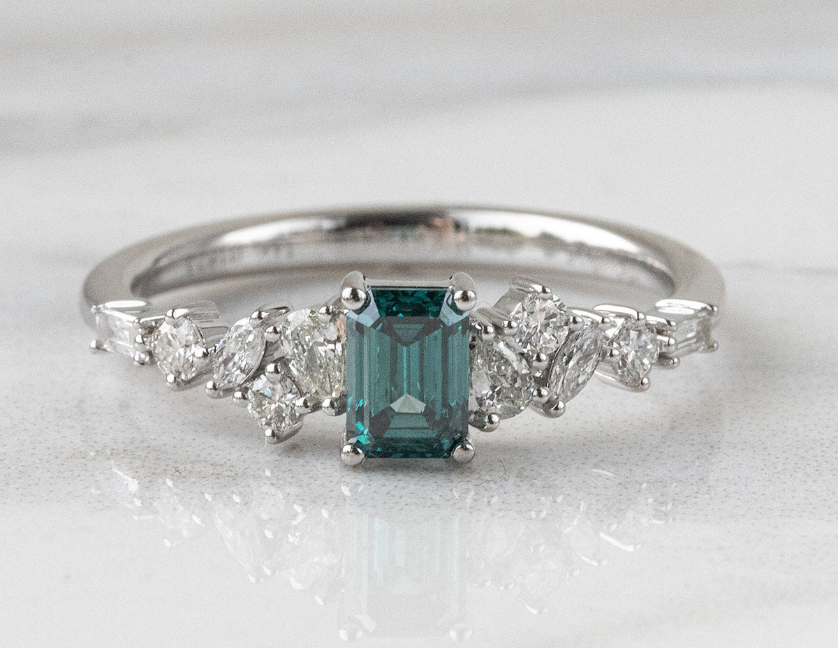 7/8ct. t.w. Emerald Cut Blue and White Diamond Ring in 14K White Gold