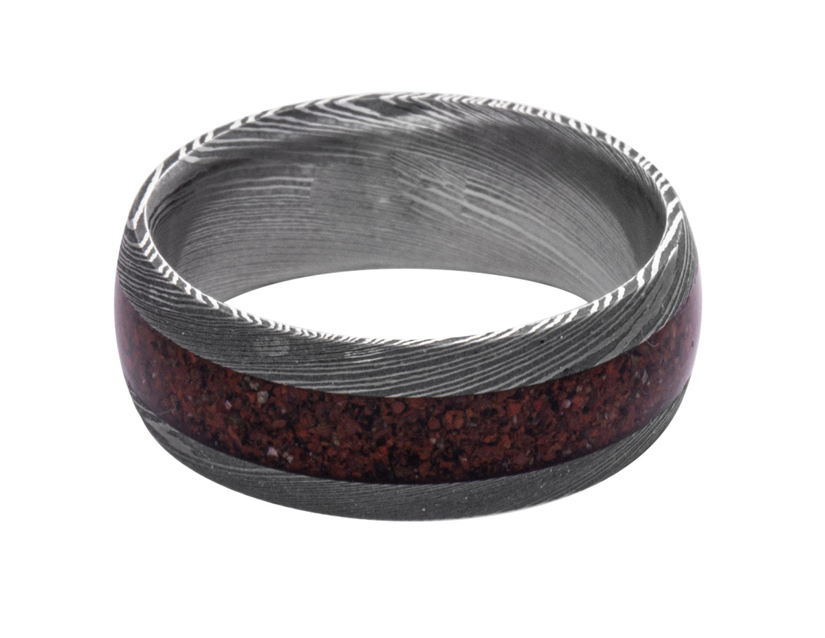 Damascus Steel Wedding Band With Red Dinosaur Bone Inlay