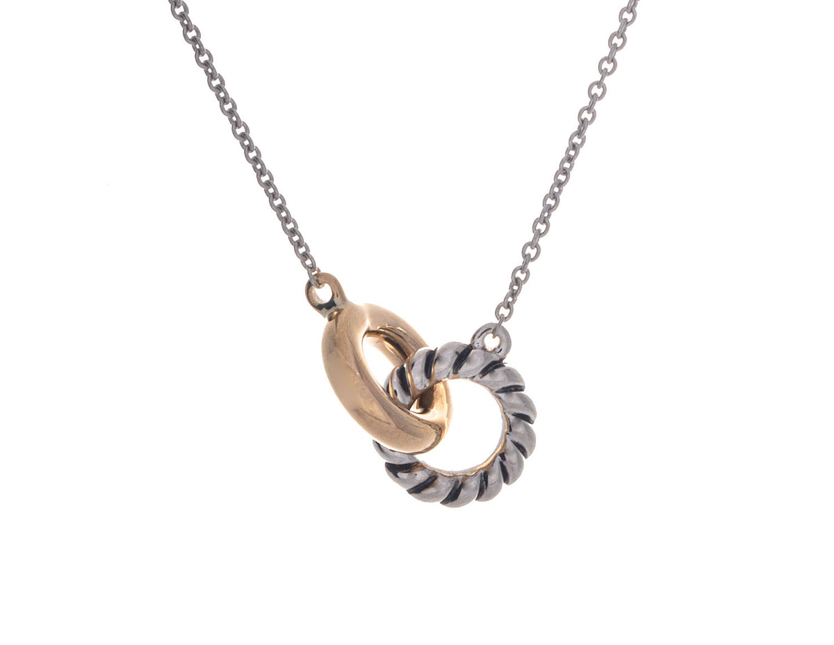 18" Double Ring Necklace in 14K Yellow Gold and Sterling Silver