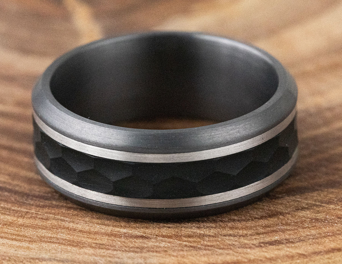 8.5mm Comfort Fit Gents Wedding Ring in 14K White Gold, Tantalum, and Carbon Fiber