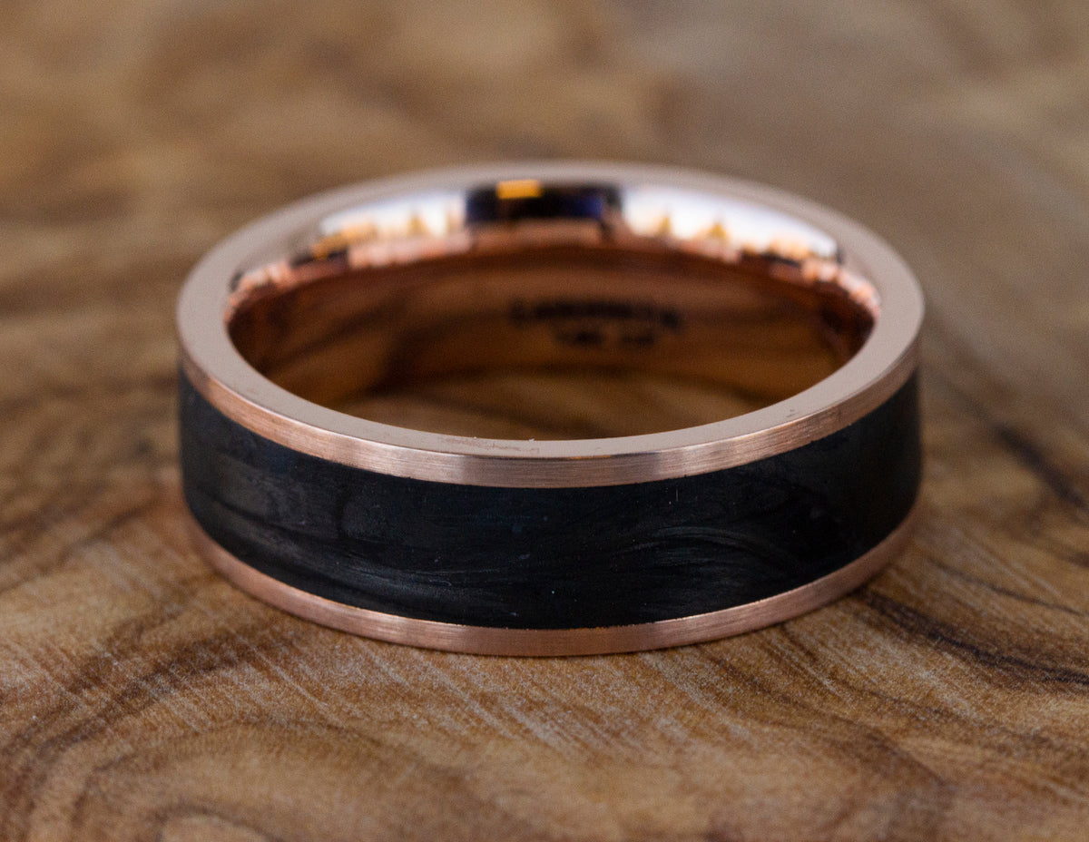 14K Rose Gold and Black Zirconium Forged Carbon Fiber Wedding Band