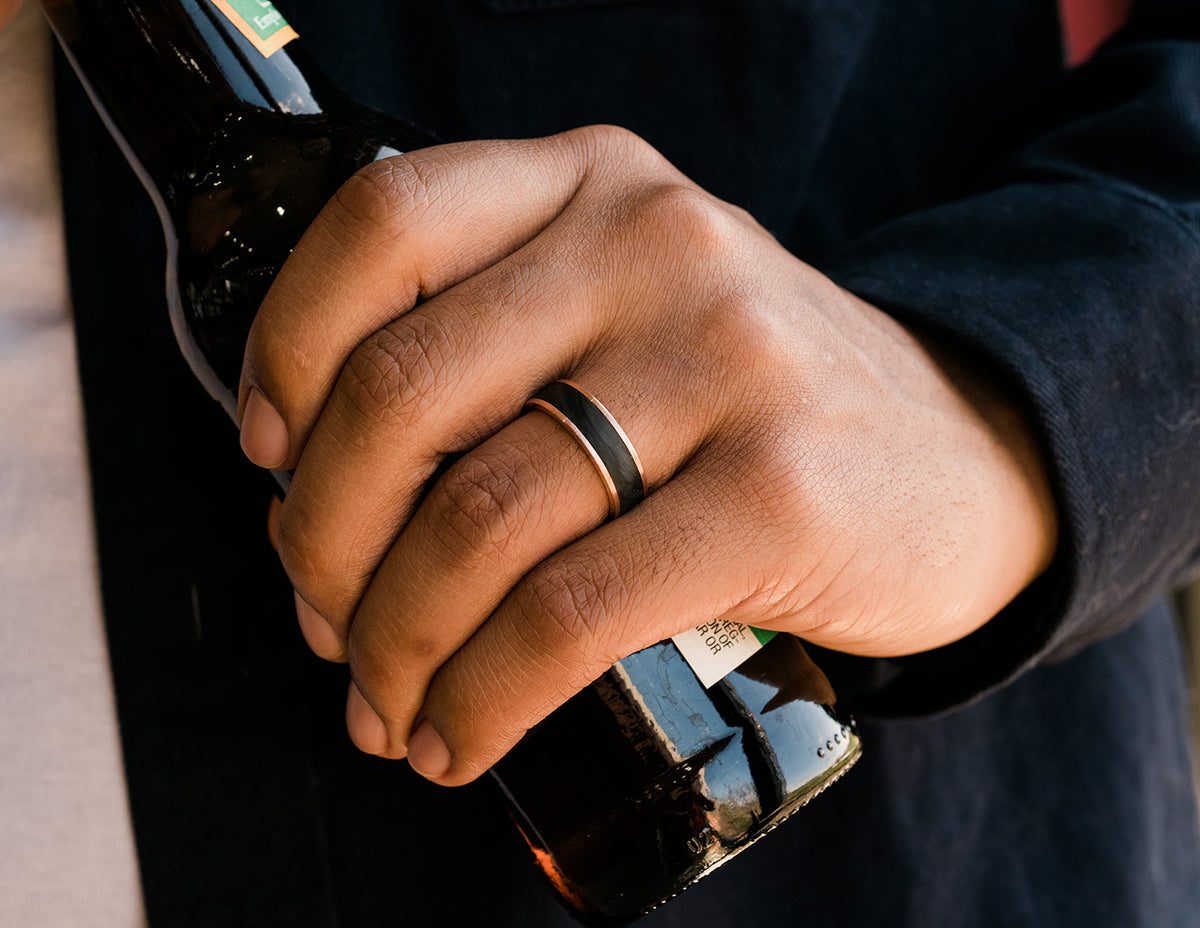 14K Rose Gold and Black Zirconium Forged Carbon Fiber Wedding Band