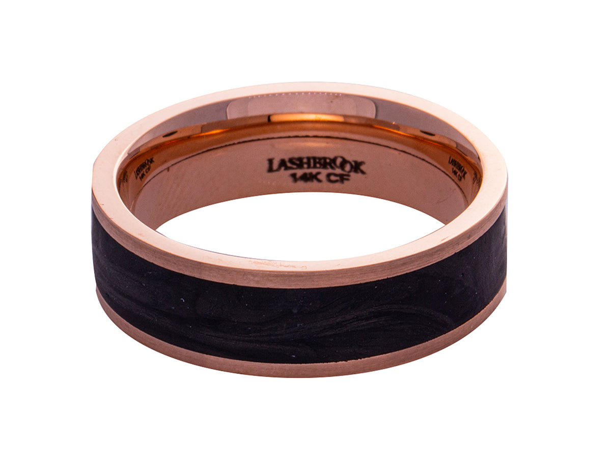 14K Rose Gold and Black Zirconium Forged Carbon Fiber Wedding Band