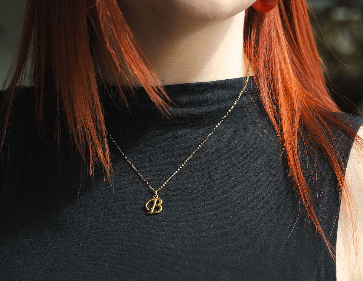 18" Gold Ion-Plated Stainless Steel Cursive Initial "B" Pendant
