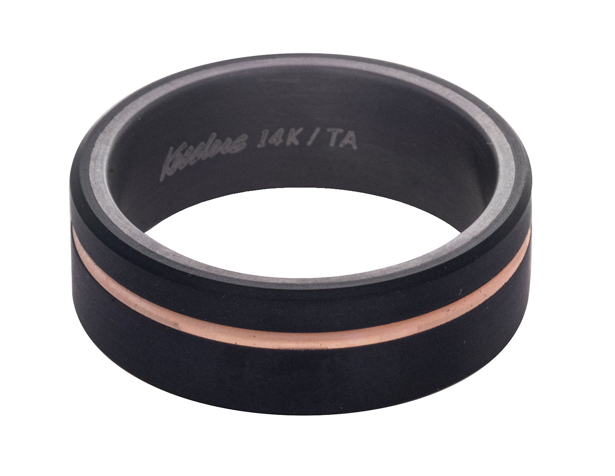 8mm Comfort Fit Gents Wedding Ring in 14K Rose Gold, Tantalum, and Carbon Fiber