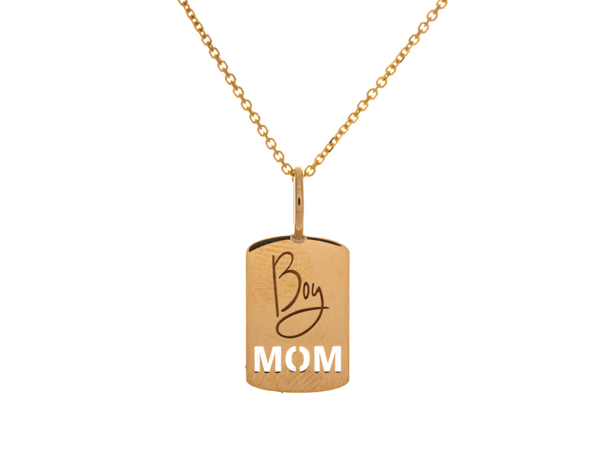 Boy Mom Dog Tag Pendant in 14K Yellow Gold