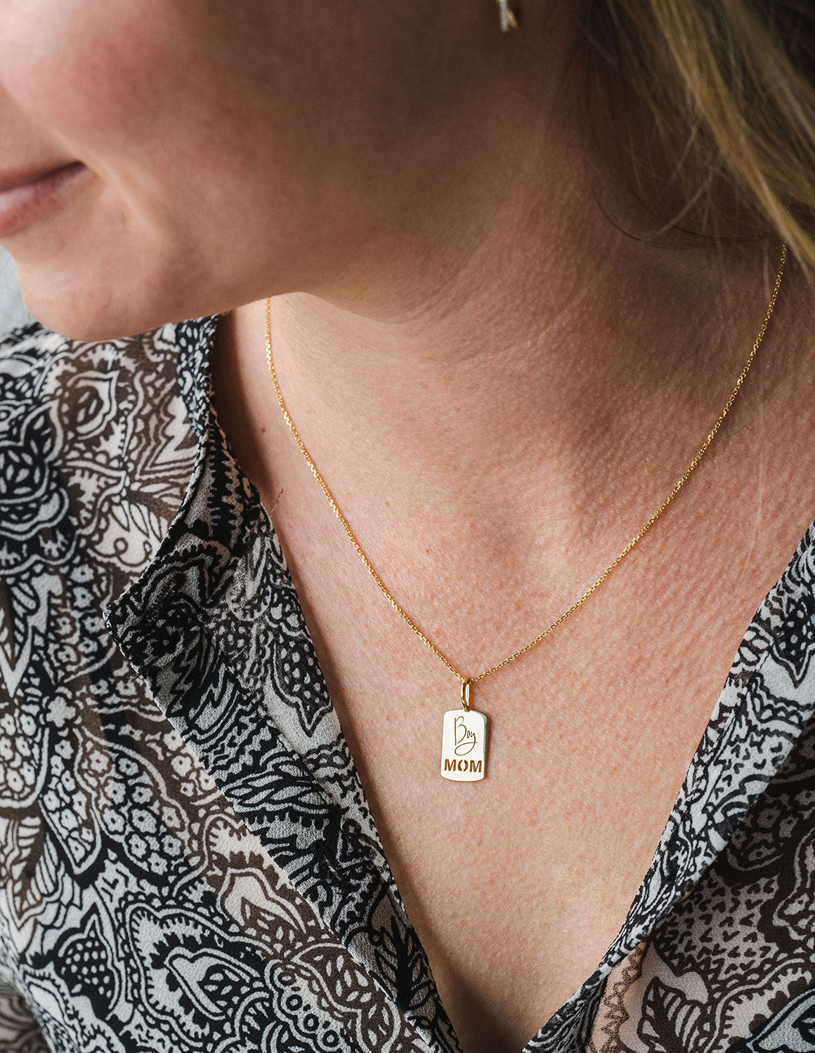 Boy Mom Dog Tag Pendant in 14K Yellow Gold
