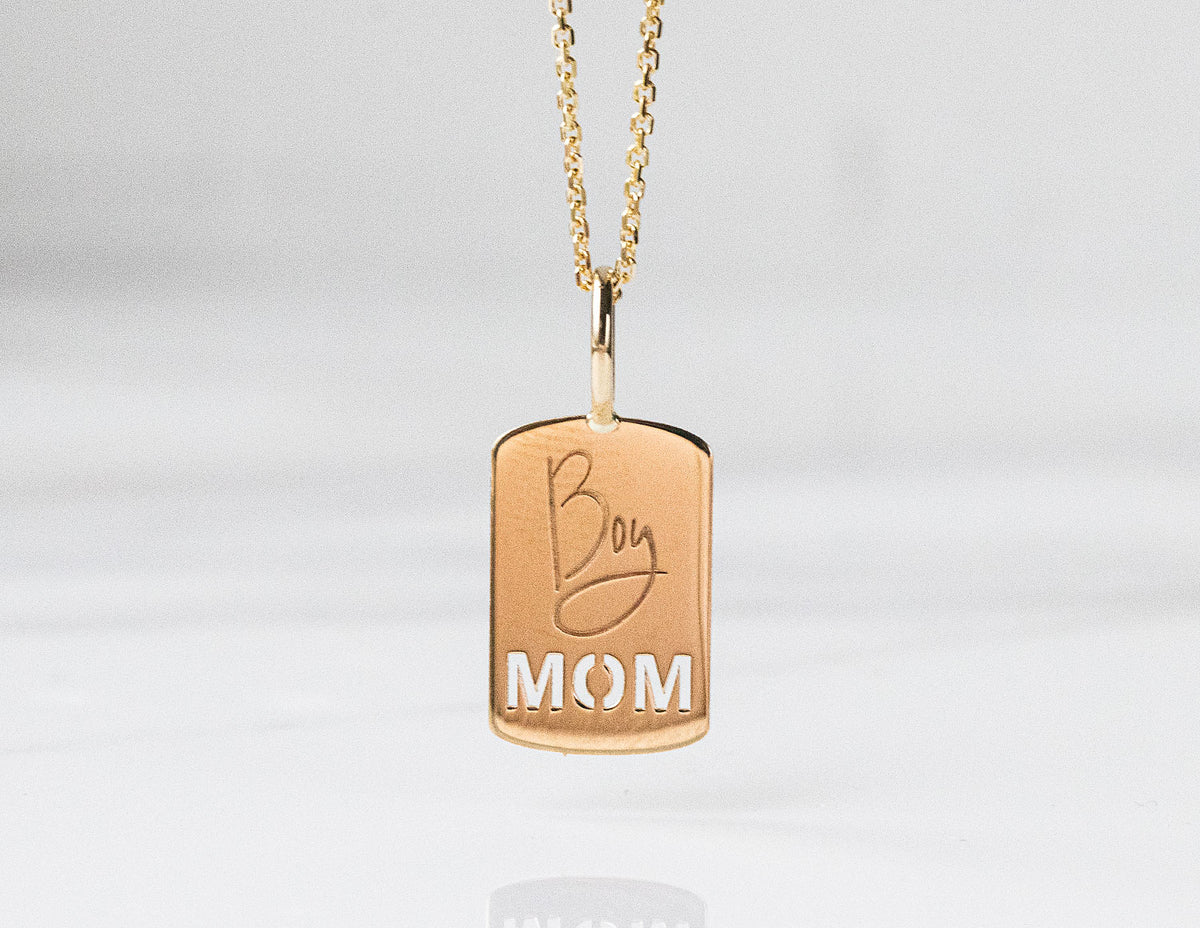 Boy Mom Dog Tag Pendant in 14K Yellow Gold