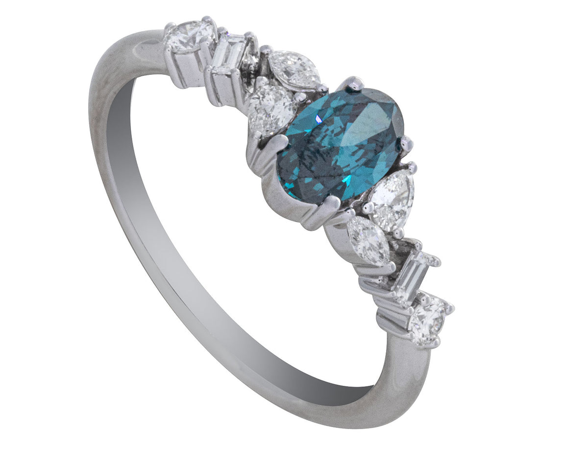 3/4ct. t.w. Oval Cut Blue and White Diamond Ring in 14K White Gold