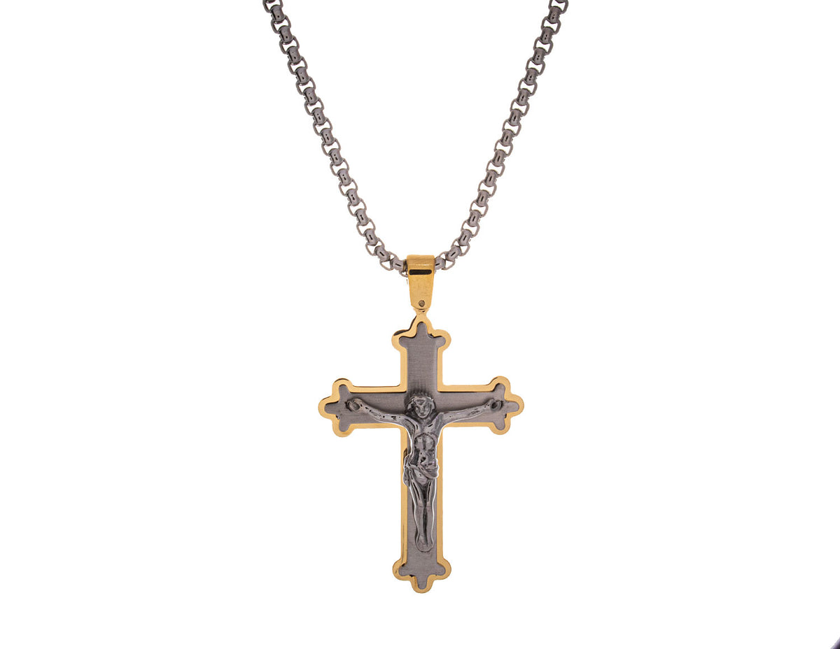 22" Stainless Steel Gold-Ion Plated Crucifix Cross Pendant