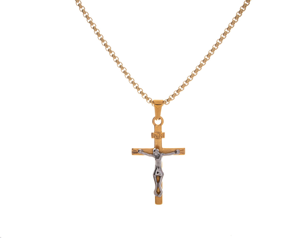 22" Stainless Steel Gold-Ion Plated Crucifix Cross Pendant