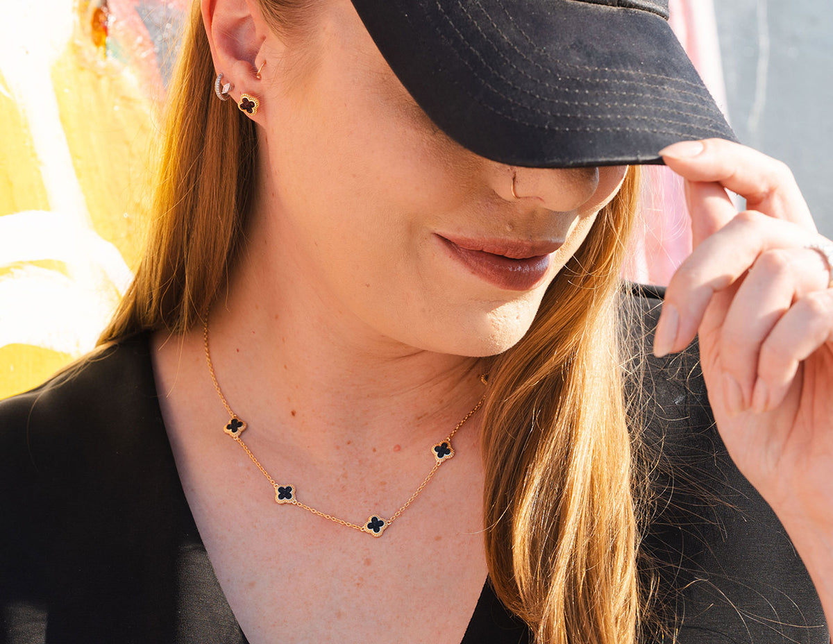 Crushed Black Diamond Clover Stud Earrings in Vermeil