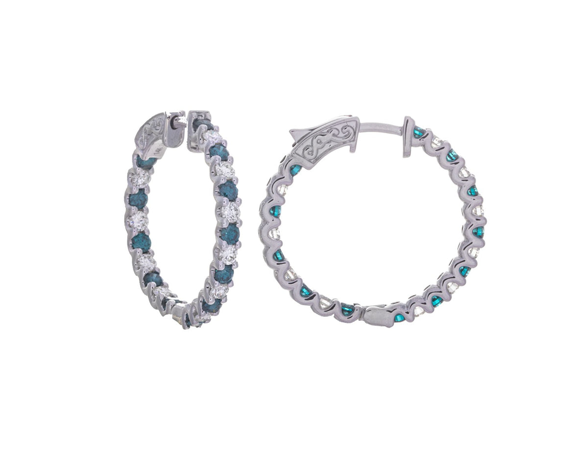 1 3/4ct. t.w. Blue and White Diamond Alternating Hoop Earrings in 14K White Gold