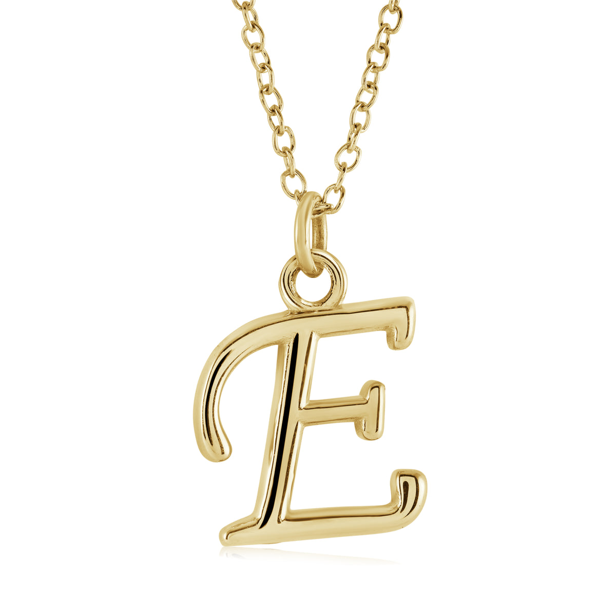 18" Gold Ion-Plated Stainless Steel Cursive Initial "E" Pendant