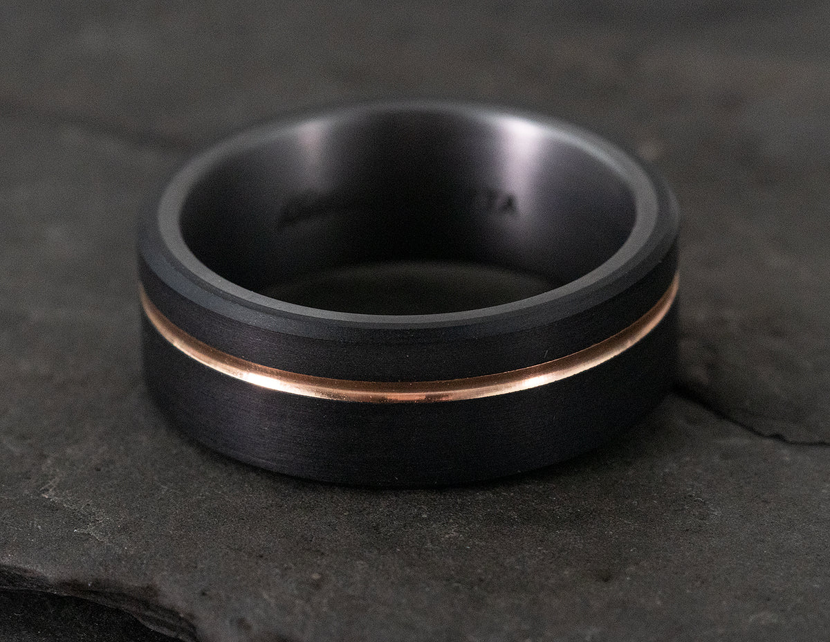8mm Comfort Fit Gents Wedding Ring in 14K Rose Gold, Tantalum, and Carbon Fiber