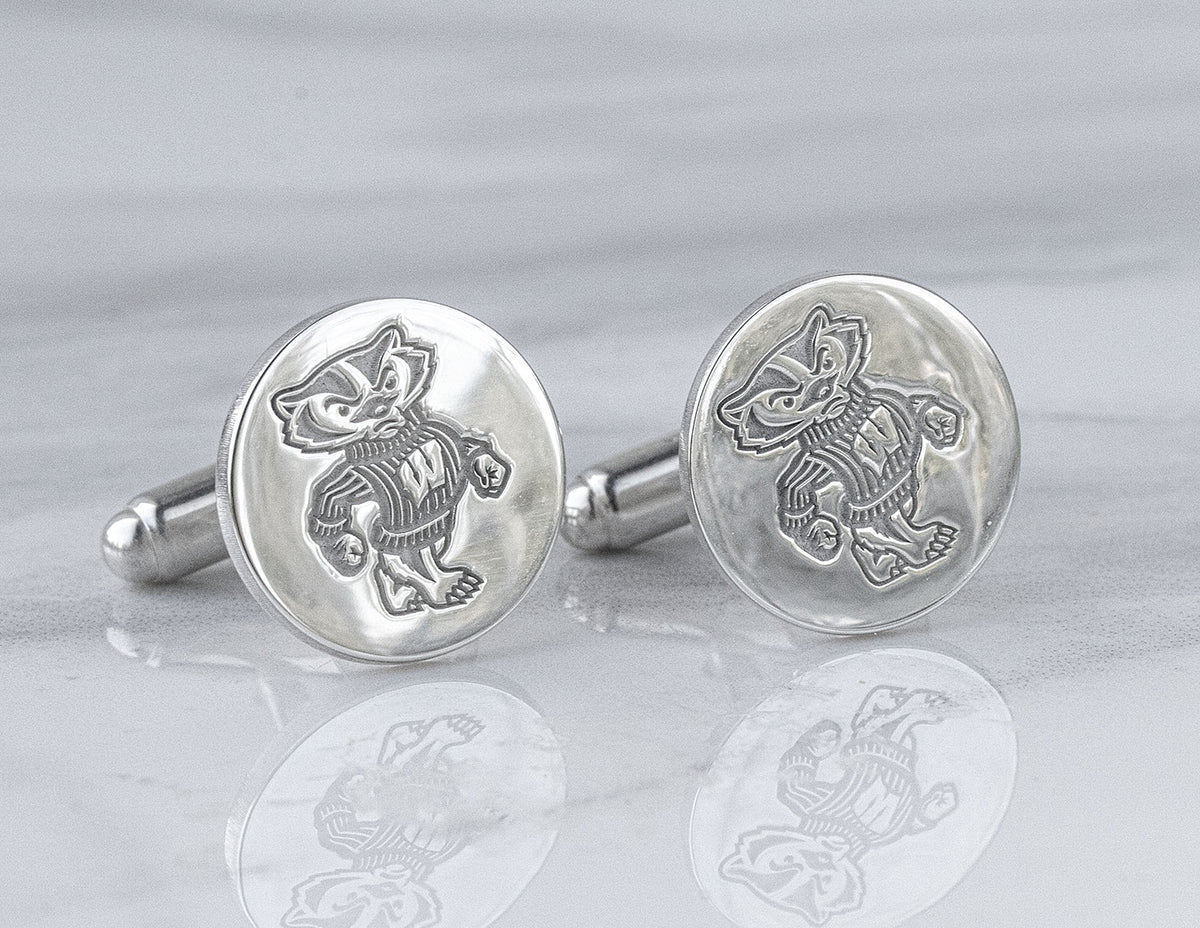 Rhodium-Plated LogoArt University of Wisconsin Badger Cuff Links in Sterling Silver