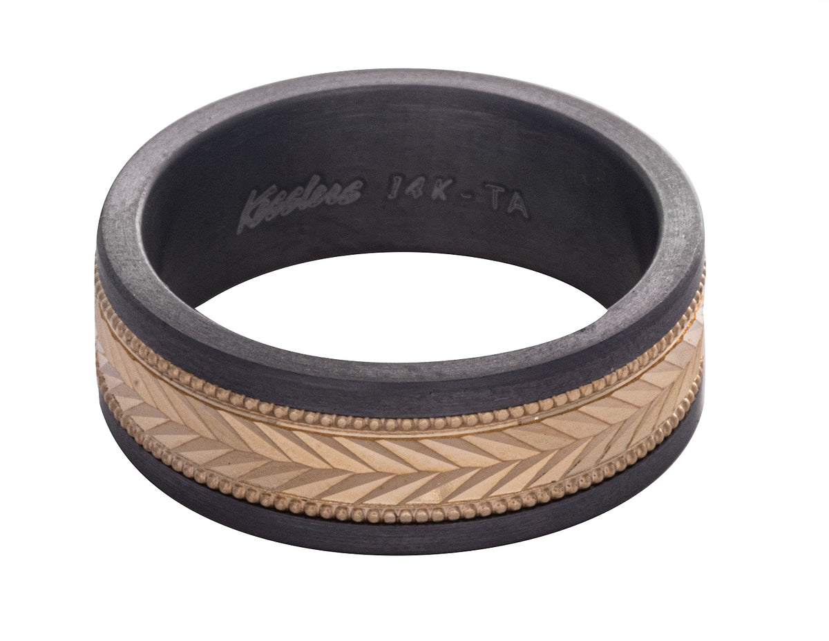 8mm Tantalum Comfort Fit Gents Wedding Ring with Carved 14K Yellow Gold Inlay
