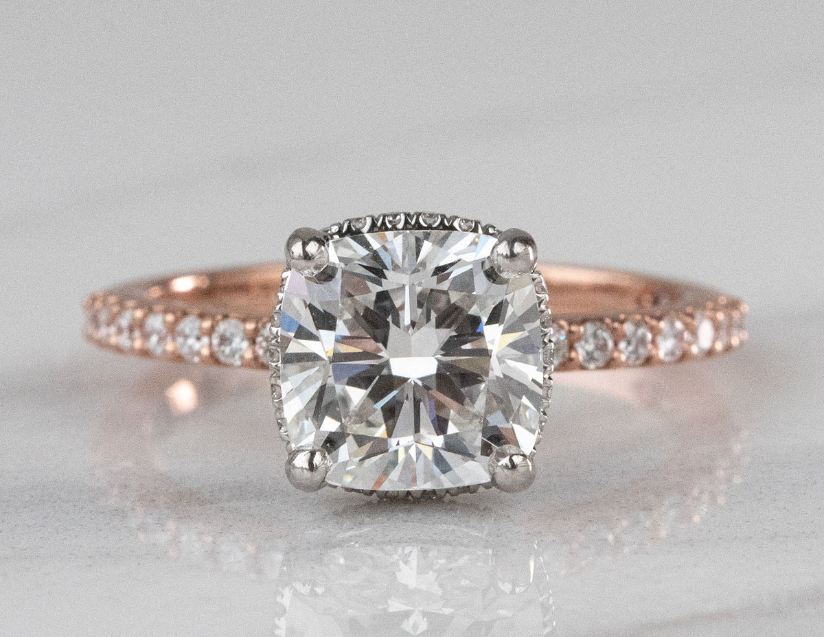 3ct. t.w. Cushion Cut Newborn Lab Created Diamond Engagement Ring in 14K Rose Gold and Platinum