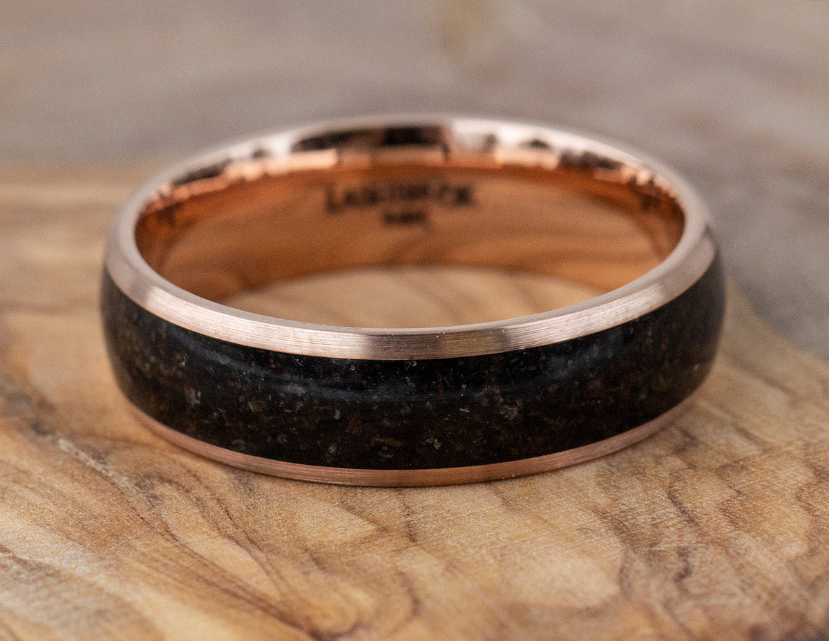 14K Rose Gold Wedding Band With Black Dinosaur Bone Inlay