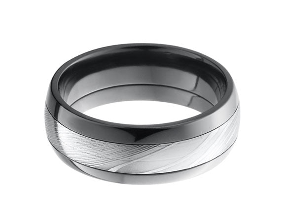 8mm Men's Wedding Band in Black Zirconium and Damascus Steel