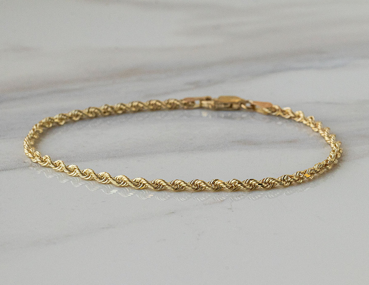 7" Solid Diamond Cut Rope Chain Bracelet in 14K Yellow Gold