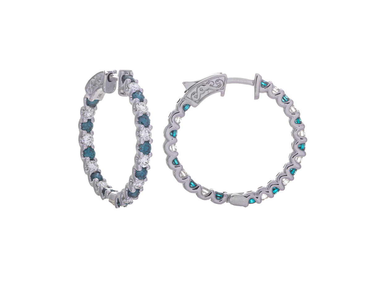 1 3/4ct. t.w. Blue and White Diamond Alternating Hoop Earrings in 14K White Gold