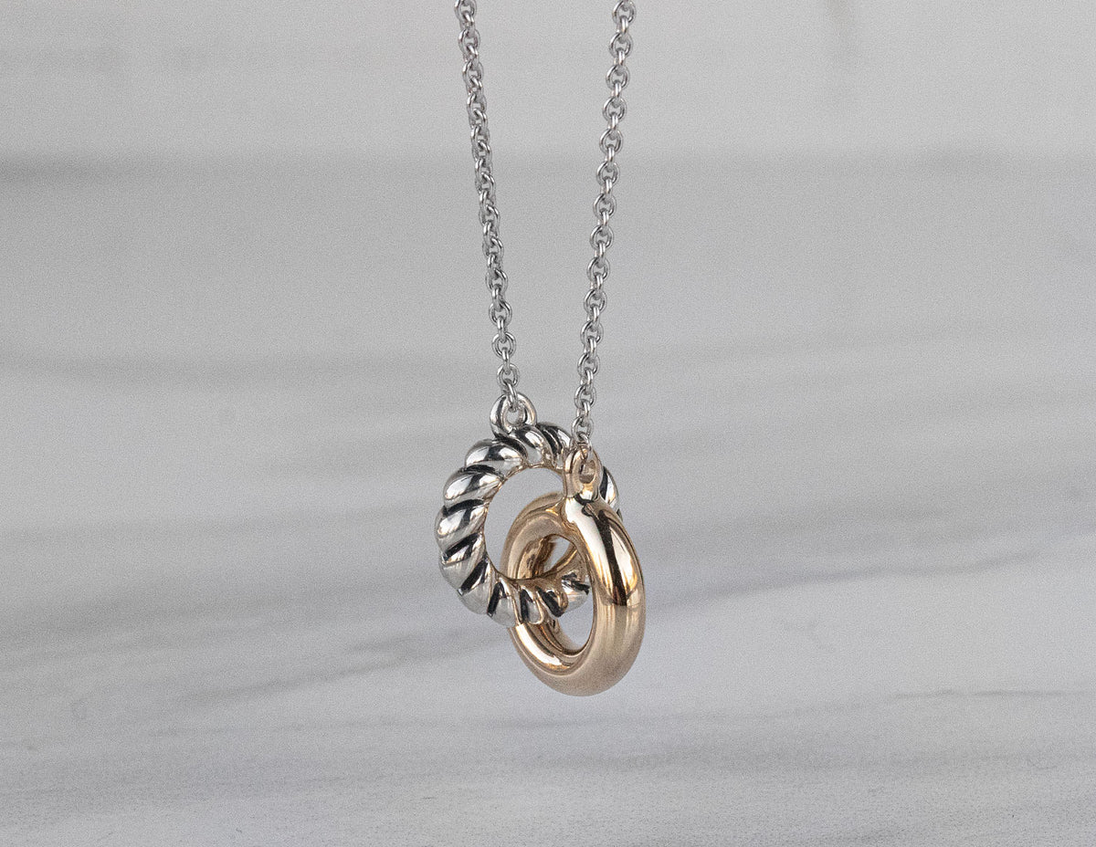 18" Double Ring Necklace in 14K Yellow Gold and Sterling Silver