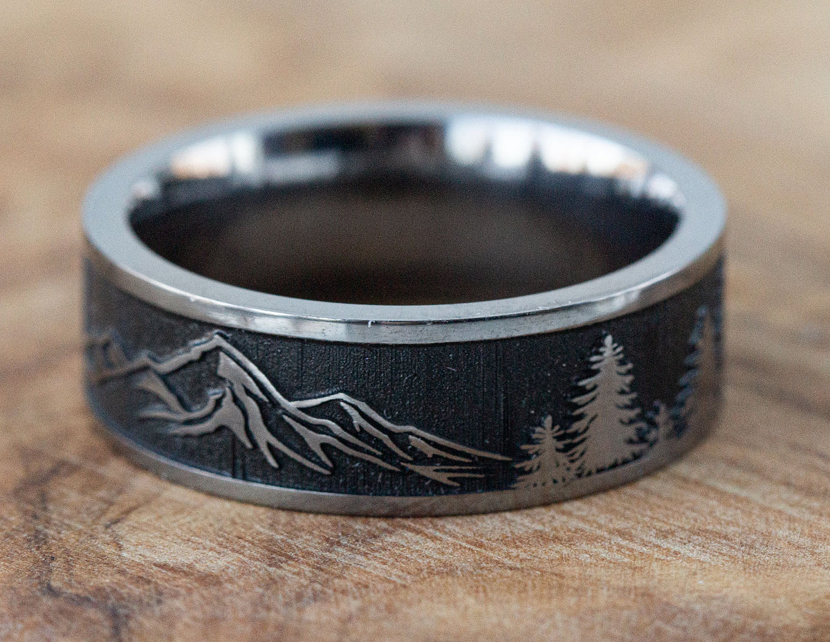 8mm Tantalum Carved Mountain Men's Wedding Ring