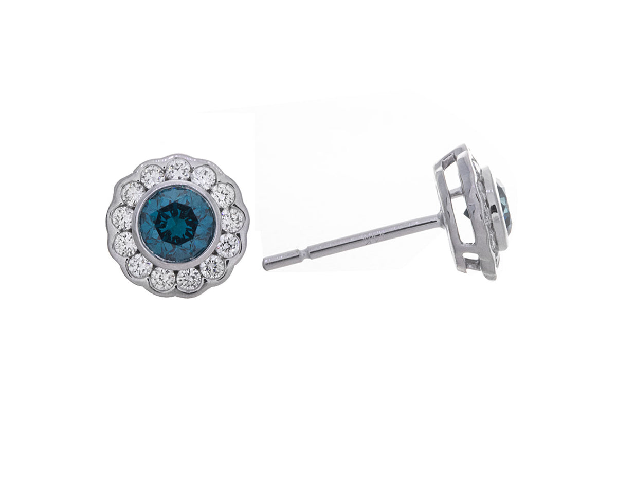 7/8ct. t.w. Blue & White Diamond Flower Earrings in 14K White Gold