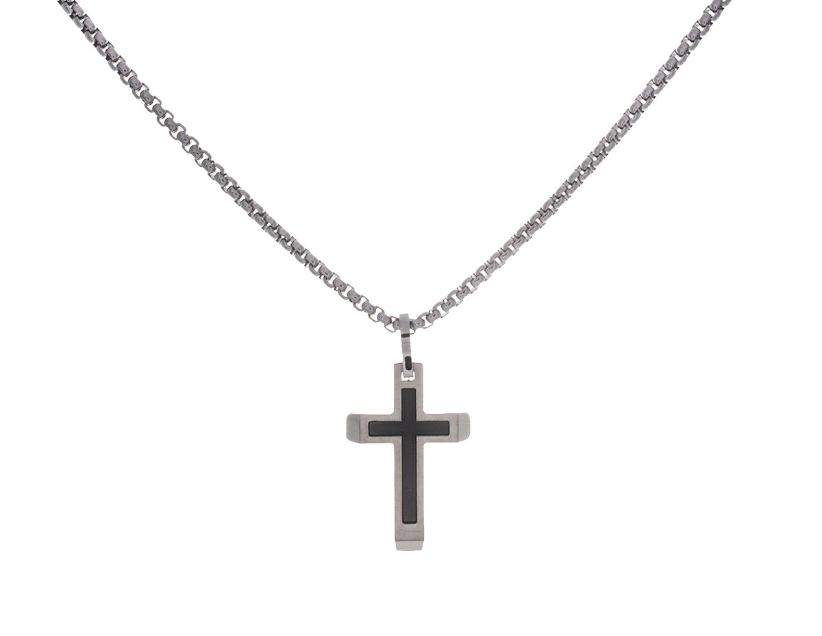 22" Black Ion-Plated Stainless Steel Matte Center Cross Pendant
