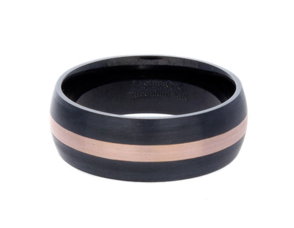 8mm 14K Rose Gold Inlay Men's Wedding Band in Black Zirconium