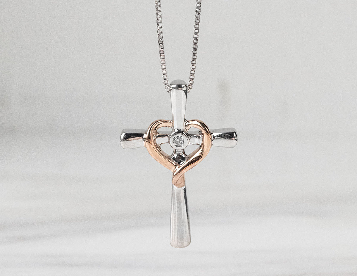.02ct. Diamond Cross and Heart Pendant in 10K Rose Gold and Sterling Silver
