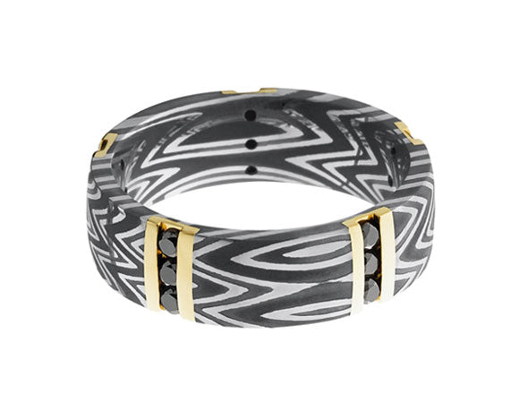 5/8ct. t.w. Black Diamond Men's Wedding Band in 14K Yellow Gold and Zebra Damascus