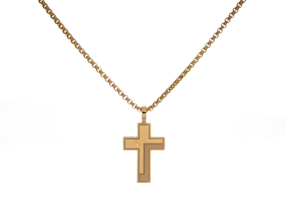 22" Stainless Steel Gold Ion-Plated Grooved Polished-Matte Cross Pendant