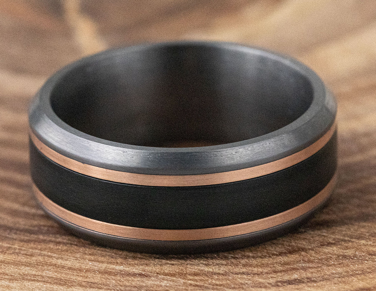 8.5mm Comfort Fit Gents Wedding Ring in 14K Rose Gold, Tantalum, and Carbon Fiber