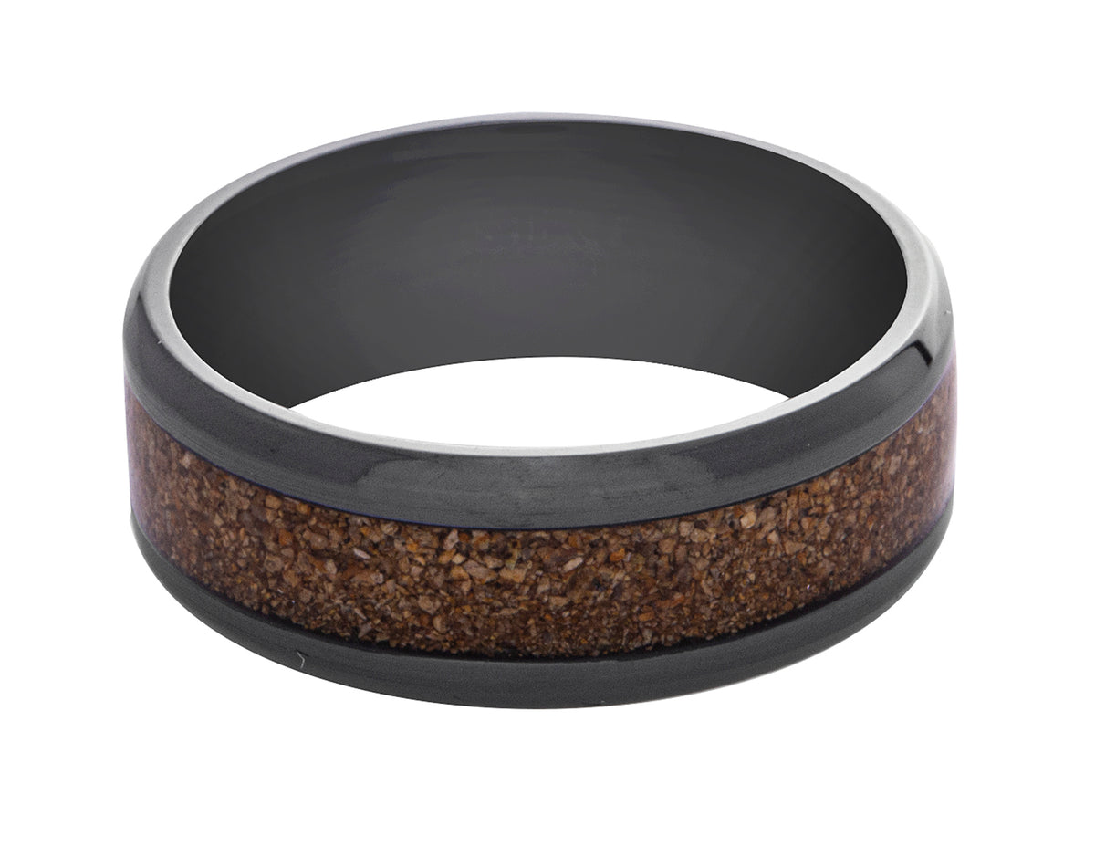 Black Zirconium Wedding Band With Tan Dinosaur Inlay