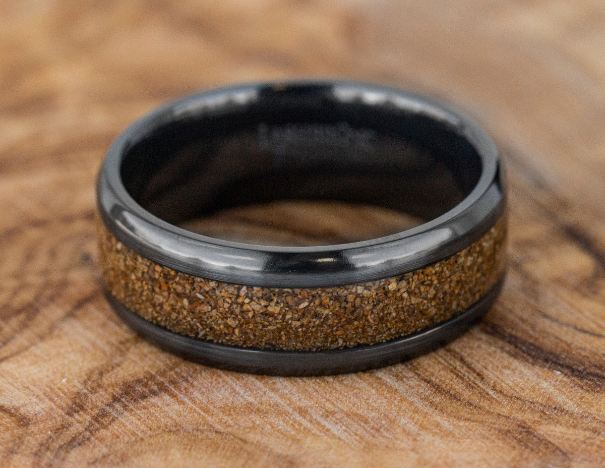 Black Zirconium Wedding Band With Tan Dinosaur Inlay