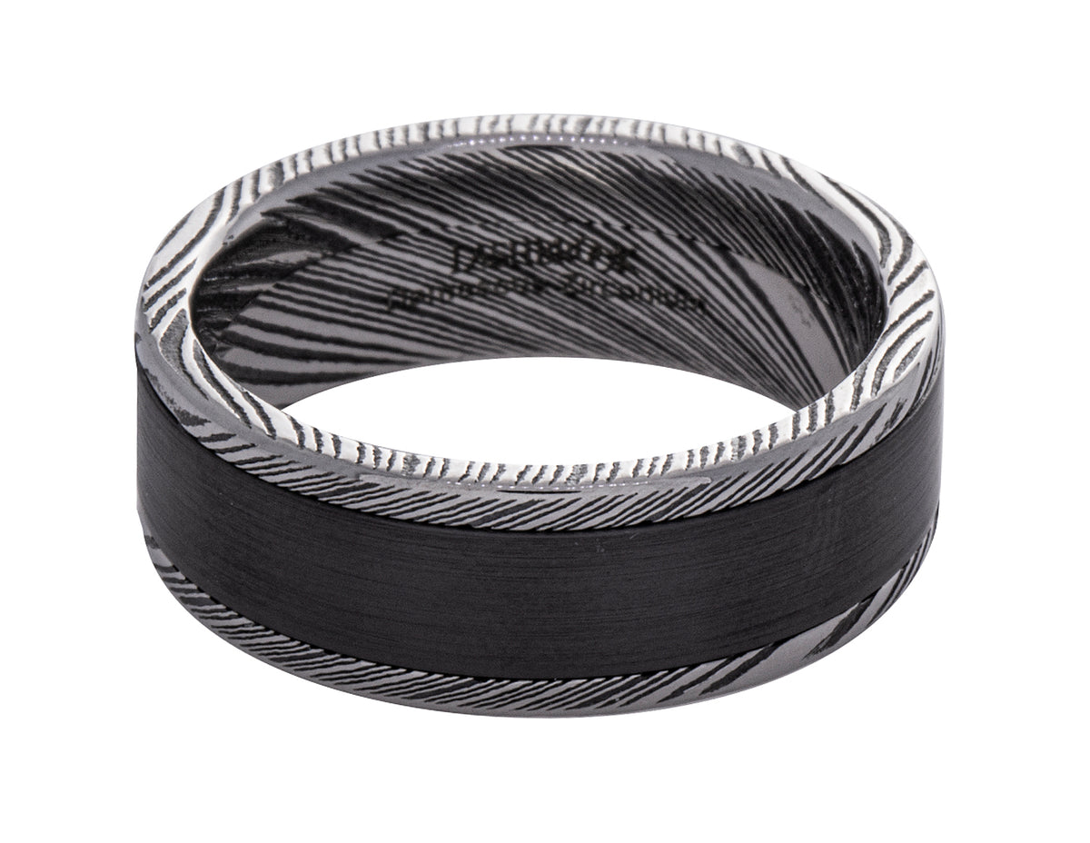 Damascus Steel and Black Zirconium Inlay Gents Ring
