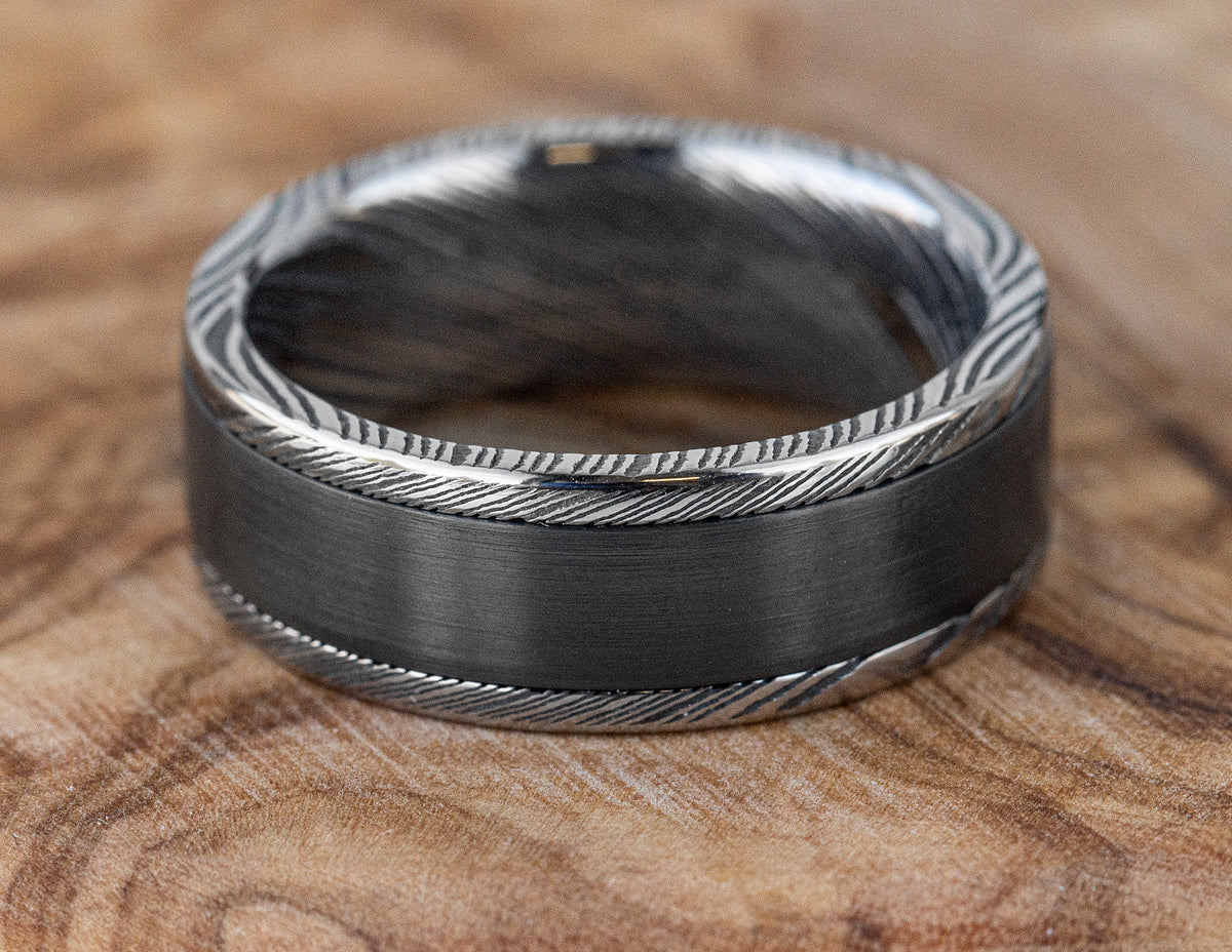 Damascus Steel and Black Zirconium Inlay Gents Ring